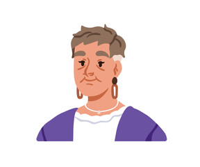 Senior old aged woman portrait. Elegant elderly lady with gray short hair, modern hairstyle, earrings, accessories. Mature older elder female. Flat vector illustration isolated on white background