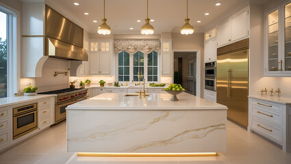 Luxury Marble Kitchen Interior with Gold Accents and High-End Design