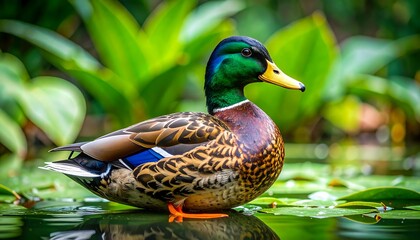 Fototapeta premium A serene mallard duck resting gracefully on a pond amidst lush greenery