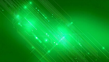 Abstract green background with electronic circuit board lines and neon lights