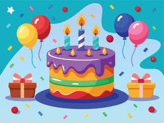 Cartoon Birthday Cake with Candles and Confetti