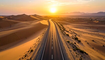 Fototapeta premium Desert Highway Sunset: An Aerial View of a Scenic Road Cutting Through Golden Sands at Dusk