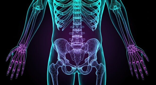 Stylized human skeleton with glowing cyan and purple wireframe outlines