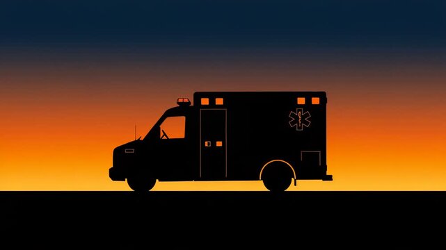 Ambulance Silhouette on a Sunset Background: Emergency Medical Service in Motion Abstract Style