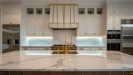 Luxury Marble Kitchen Interior with Gold Accents and High-End Design