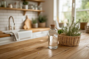 Clear Glass Bottle of Water on Wooden Table with Fresh Herbs in Bright Kitchen Environment