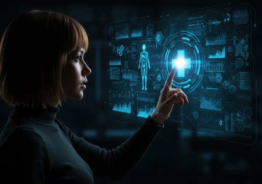 A focused scientist examines a futuristic holographic medical interface displaying anatomical data and vital signs with a glowing cross symbol