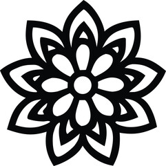 Intricate black and white geometric floral design featuring eight petals and a central circular motif