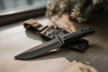 Close-Up of a Black Tactical Knife Resting on a Stylish Sheath with Natural Light