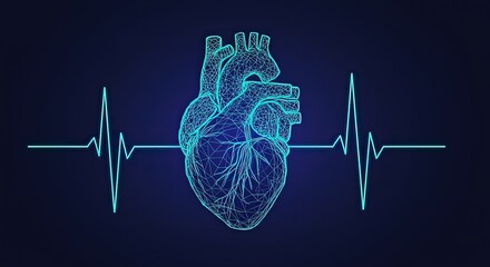 Wireframe heart with a neon blue electrocardiogram line