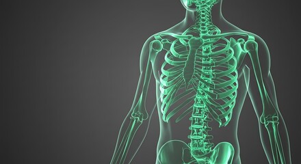 Xray of human skeleton with glowing green bones on dark background