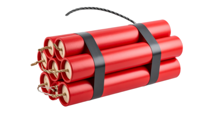 Realistic dynamite stick with fuse, isolated on a transparent background, layered PNG format. Classic red cylindrical design, suitable for explosive concept illustrations or warning visuals.