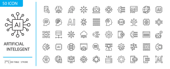 AI Icons: An array of meticulously crafted line icons depicting artificial intelligence concepts and technologies, embodying precision and technological prowess.