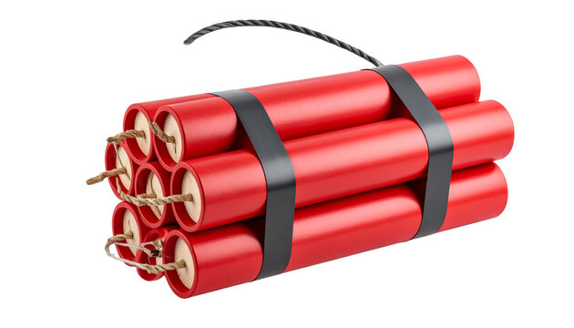 Realistic dynamite stick with fuse, isolated on a transparent background, layered PNG format. Classic red cylindrical design, suitable for explosive concept illustrations or warning visuals.
