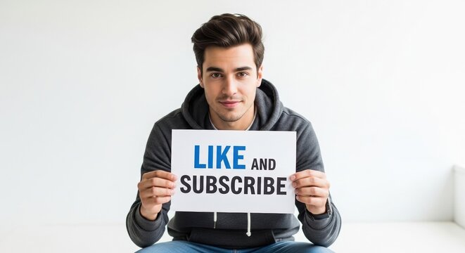Male holding "LIKE and SUBSCRIBE" sign, symbolizing social media engagement, content creation, and online promotion.


