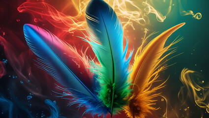 colourful feathers on abstract background/ A vibrant arrangement of colorful feathers beautifully