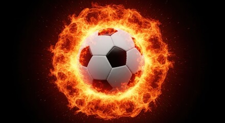 Naklejka premium Soccer ball engulfed in a fiery orange and red flame on a dark background, symbolizing intense passion, competition, and dynamic energy in sports.
