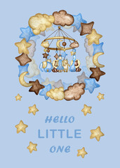 Baby shower vertical banner with cartoon animal, moon, stars and clouds on blue background. It's a boy. Hello little one. Watercolor illustration.