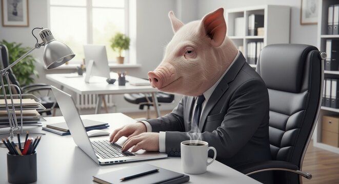 Pig in a business suit working on a laptop in a modern office, symbolizing satirical takes on corporate life and human-animal themes.

