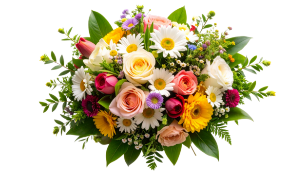Beautiful bouquet of flowers featuring a mix of vibrant blooms like roses, daisies, and tulips, with lush green foliage, artfully arranged and fully isolated on a transparent PNG background