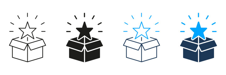 Open Box With Star Line And Solid Icon Set. Unboxing, Surprise, And New Product Launch Symbol Collection. Excitement And Discovery Concept. Isolated Vector Illustration