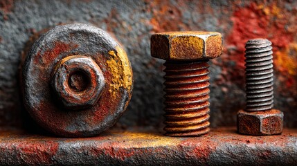 Close-up of rusty bolts and screws showcasing wear and texture.