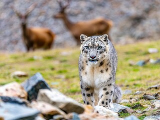 Fototapeta premium leopard in natural habitat with deer in background