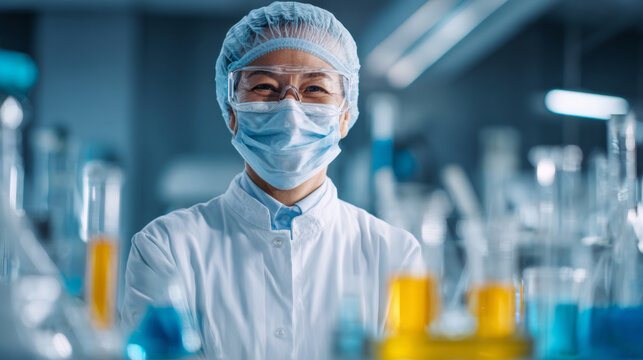 A biological laboratory employee in a professional and neat appearance, emphasizing the scientific and technological nature of the work. Advanced biotechnology and high-quality scientific work.