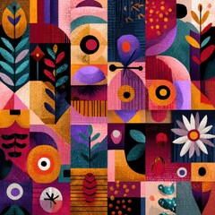 Hand-drawn joyful maximalism pattern with folk art elements, layered organic and geometric shapes, vibrant warm palette, nature-inspired seamless design, tileable for textiles, wall decor