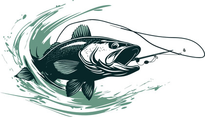 Bass fish jumping out of water with a fishing hook illustration