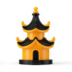 Yellow and Black 3D Rendered Pagoda Model on White Background