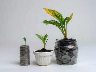 Growing investments concept: plants in pots with coins symbolize financial growth