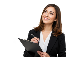 Businesswoman writing on clipboard smiling isolated on transparent background