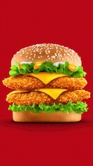 Crispy chicken burger with double patties cheese on red background