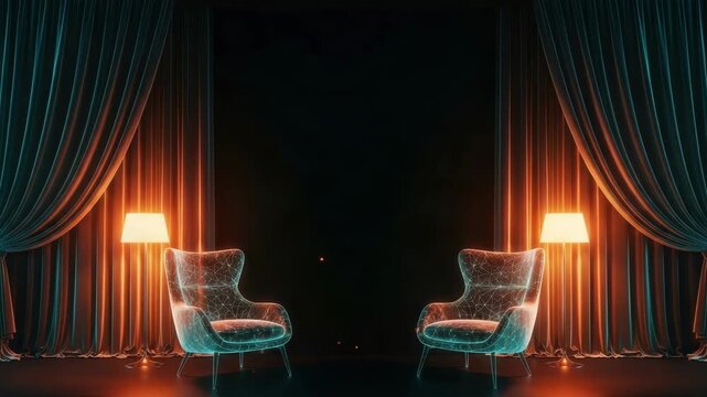 A serene interior scene featuring two glowing transparent armchairs facing each other illuminated by warm light from lamps with elegant drapes framing the dark background creating a cozy atmosphere