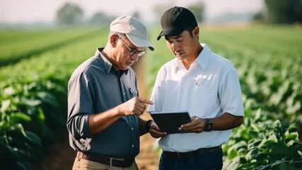 Two farmers are engaged in conversation while examining data on a tablet in a lush green field. They are focused on improving crop yield and management techniques