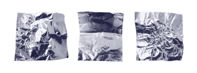 Crumpled piece of foil. Wrinkled silver surface, wrapping packaging. Cut out torn edge of foil, aluminum material. Halftone texture with reflection, contemporary collage art, wrapping.