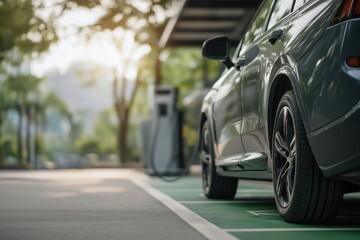 Fototapeta premium Electric Vehicle Charging at Sunset with Lush Green Trees in Urban Environment