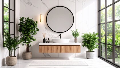 Modern Bathroom Design with Lush Greenery and Marble Accents