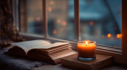 Open book and lit candle on windowsill at dusk