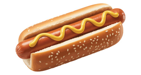Classic hot dog in sesame bun with mustard topping, ideal for fast food, snack menus, street food designs, and casual dining themes