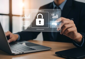Businessman interacting with digital security interface showing padlock and data analytics