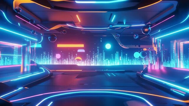 Dynamic Cybernetic Interior with Vivid Neon Lights and Digital Displays in a Sci-Fi Environment