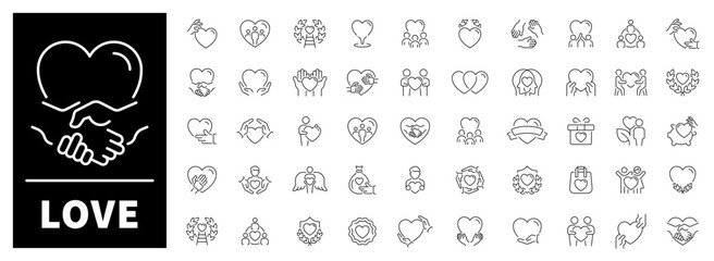 Linear icon set of 50 icons visualizes romantic and emotional concepts. Themes include hearts, couples, dating, gifts, and love symbols.