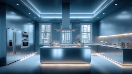 Modern futuristic kitchen with sleek blue illuminated surfaces large central island advanced appliances minimalist design bright lighting