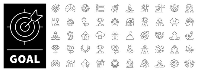Goal outline icons set of 50  focused on achievements, goals, growth and personal development. Great for coaching, life planning, and progress tracking.
