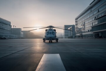 Naklejka premium Helicopter Positioned on Tarmac During Sunrise with Modern Buildings in Background