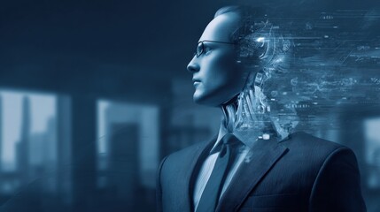 Futuristic female business professional with cybernetic enhancements and digital interface technology in a modern cityscape background