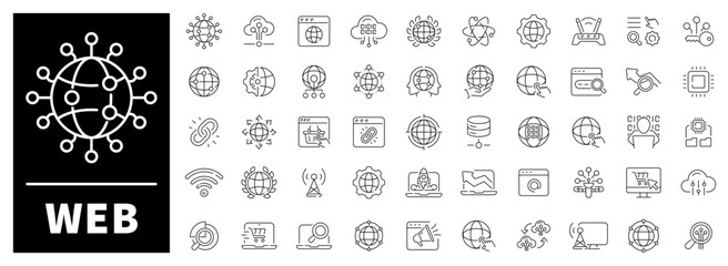 Web interface, hosting, domains, browsing, and web tools set of 50 linear icons