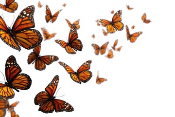 A swarm of monarch butterflies in flight against a white background